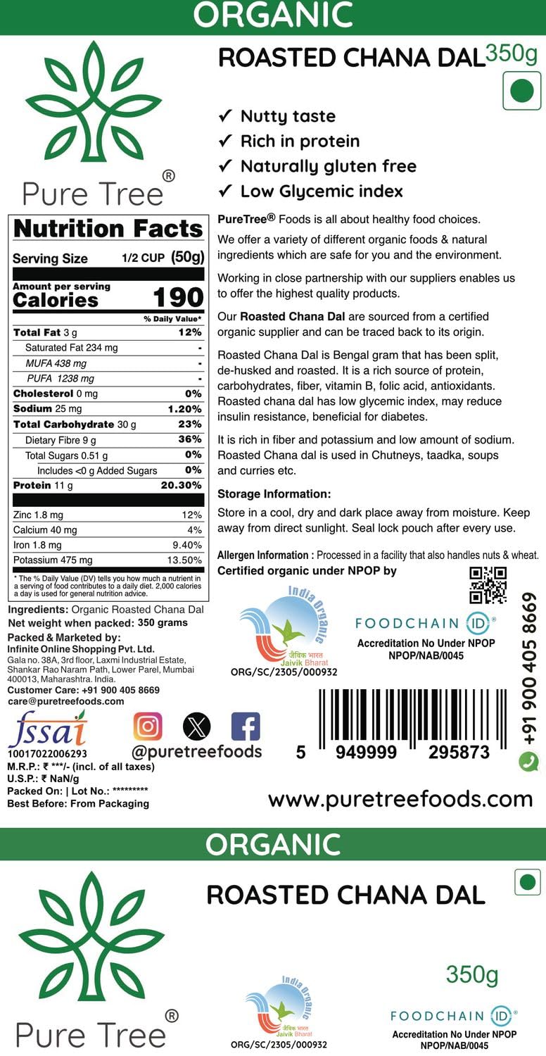 Pure Tree Certified Organic Rosted Chana Dal | 350 g