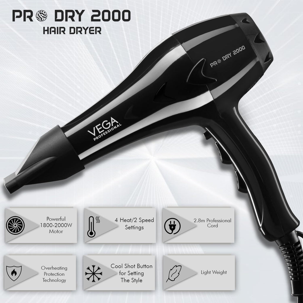 VEGA PROFESSIONAL Pro Dry 2000 Watts Hair Dryer with Diffuser & Nozzle Attachments for Every Day Styling at Home| Cool Shot Button and Combination of 4 Heat & 2 Speed Settings, Black, (VPVHD-13)