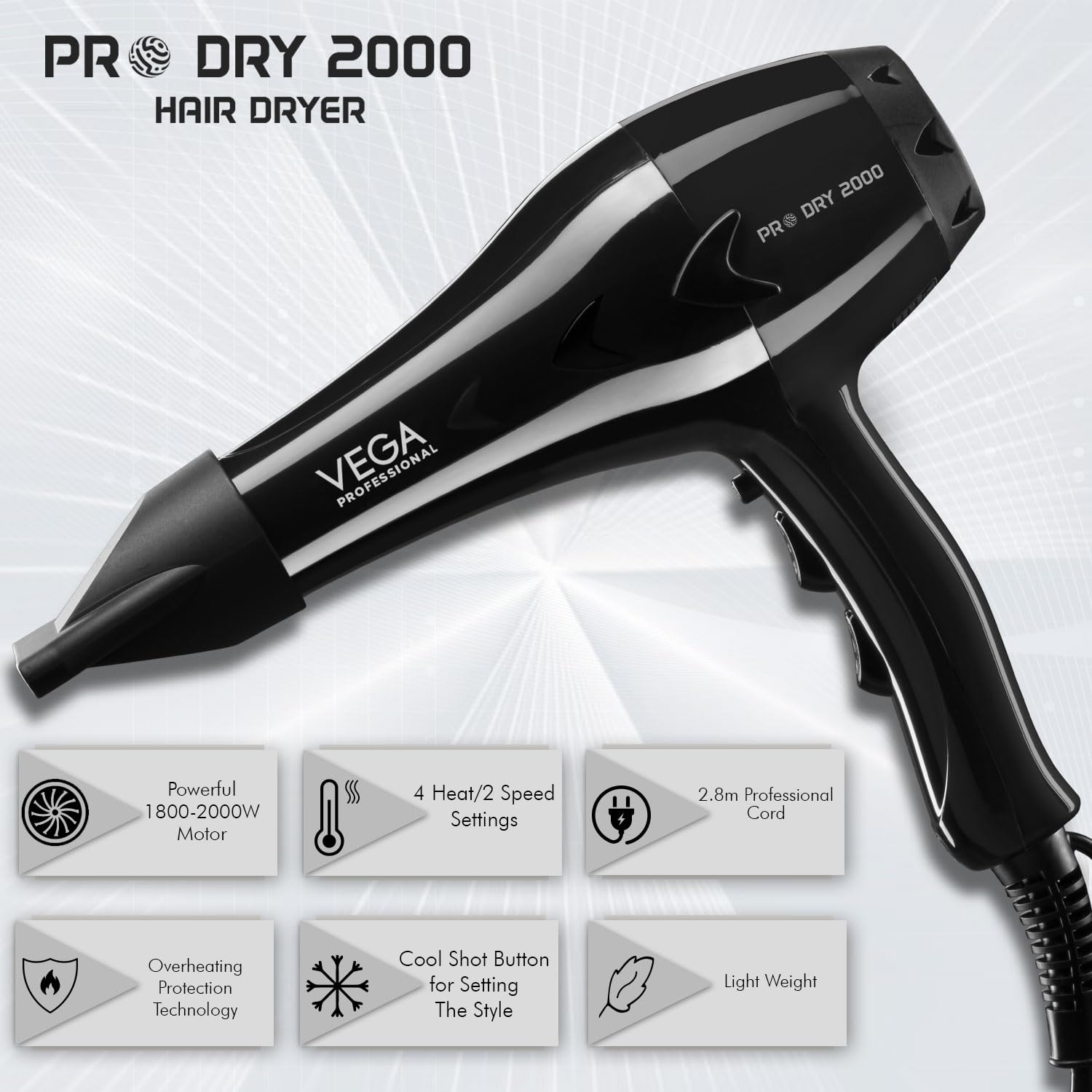 VEGA PROFESSIONAL Pro Dry 2000 Watts Hair Dryer with Diffuser & Nozzle Attachments for Every Day Styling at Home| Cool Shot Button and Combination of 4 Heat & 2 Speed Settings, Black, (VPVHD-13)