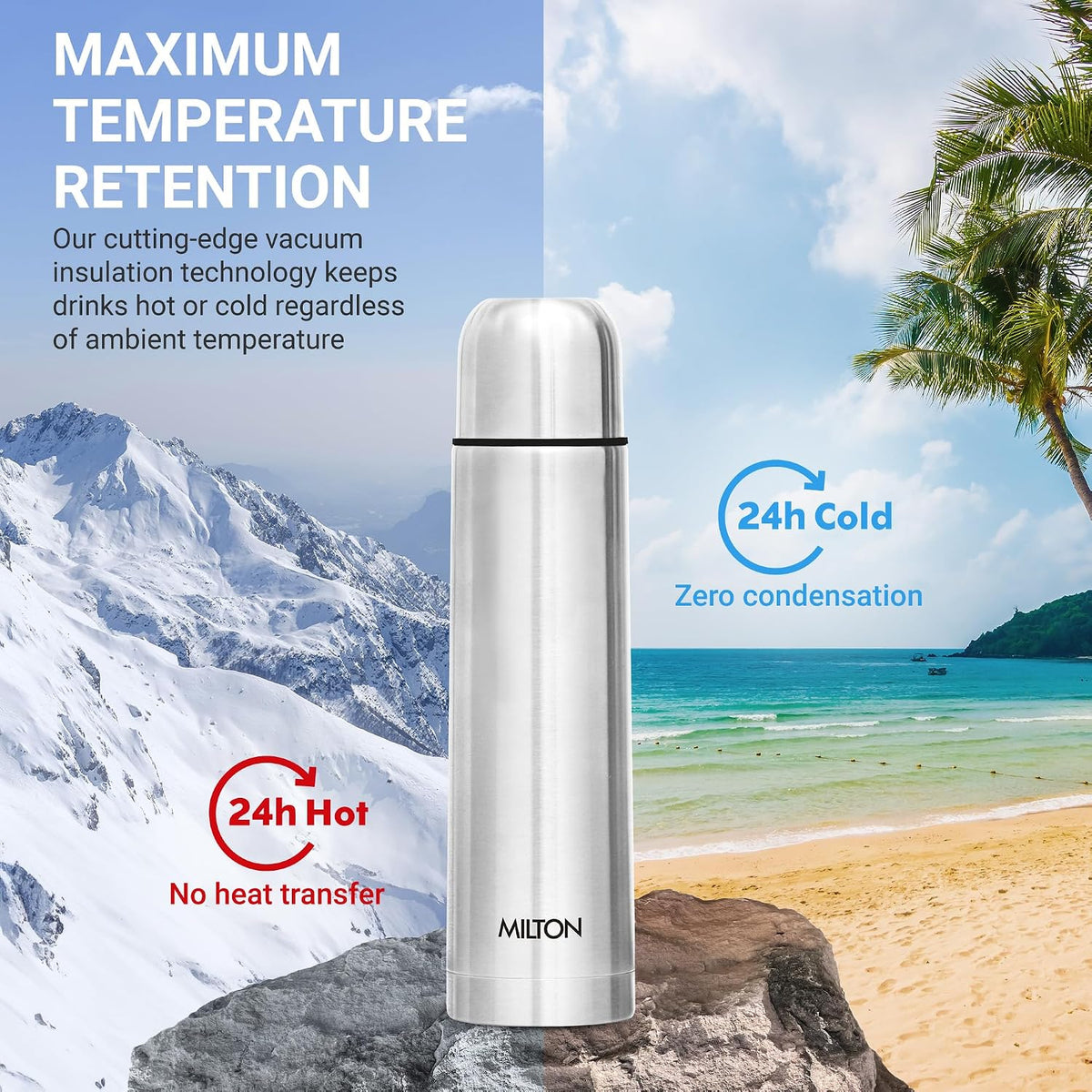 Milton Flip Lid 1000 Thermosteel Water Bottle 1 LTR, 24 Hr Hot and Cold I Leak Proof Lid, ISI Certified I Vacuum Insulated I for Office, Gym, School I Silver