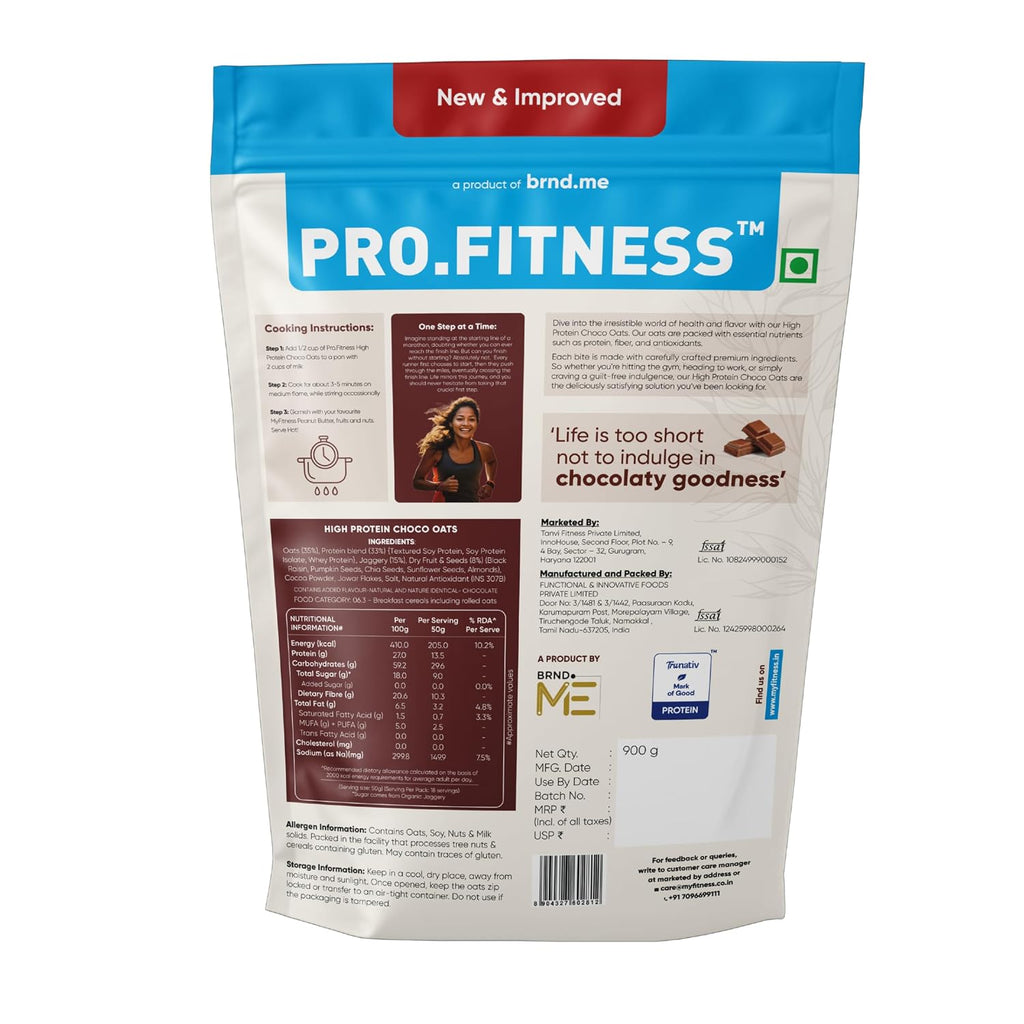 PRO.FITNESS 27g High Protein Oats 900g (By MyFitness) | Dark Chocolate Oats with Almonds, Pumpkin Seeds and Raisins| Chocolate Rolled Oats with Jaggery - No Refined Sugar | Breakfast Cereals