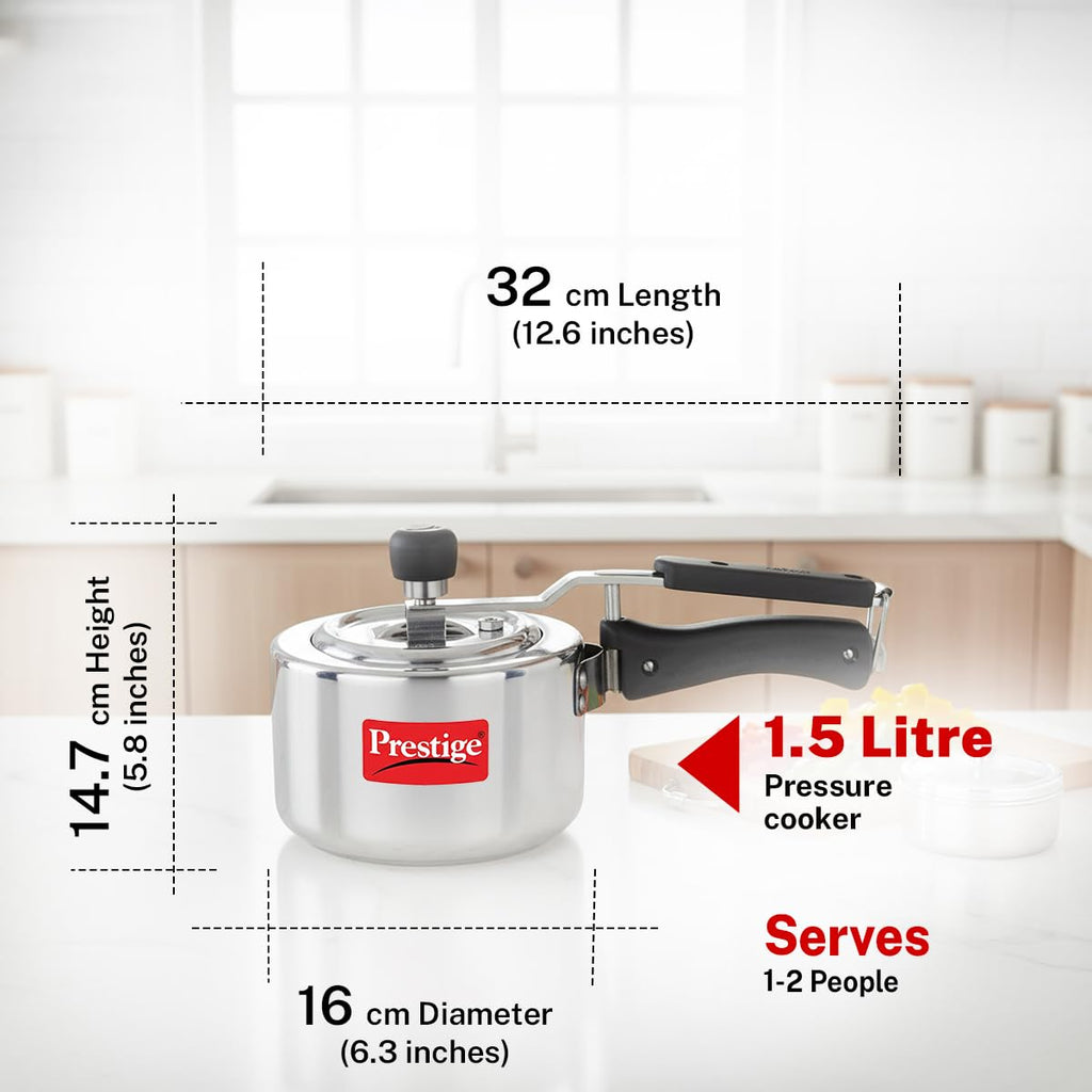 Prestige 1.5Litre Aluminium Nakshatra Svachh Innerlid Pressure Cooker|Deep lid for spillage control|Virgin Aluminium|Gas Compatible|Metallic Safety Plug|Sturdy Handles|5 Years warranty|ISI Certified