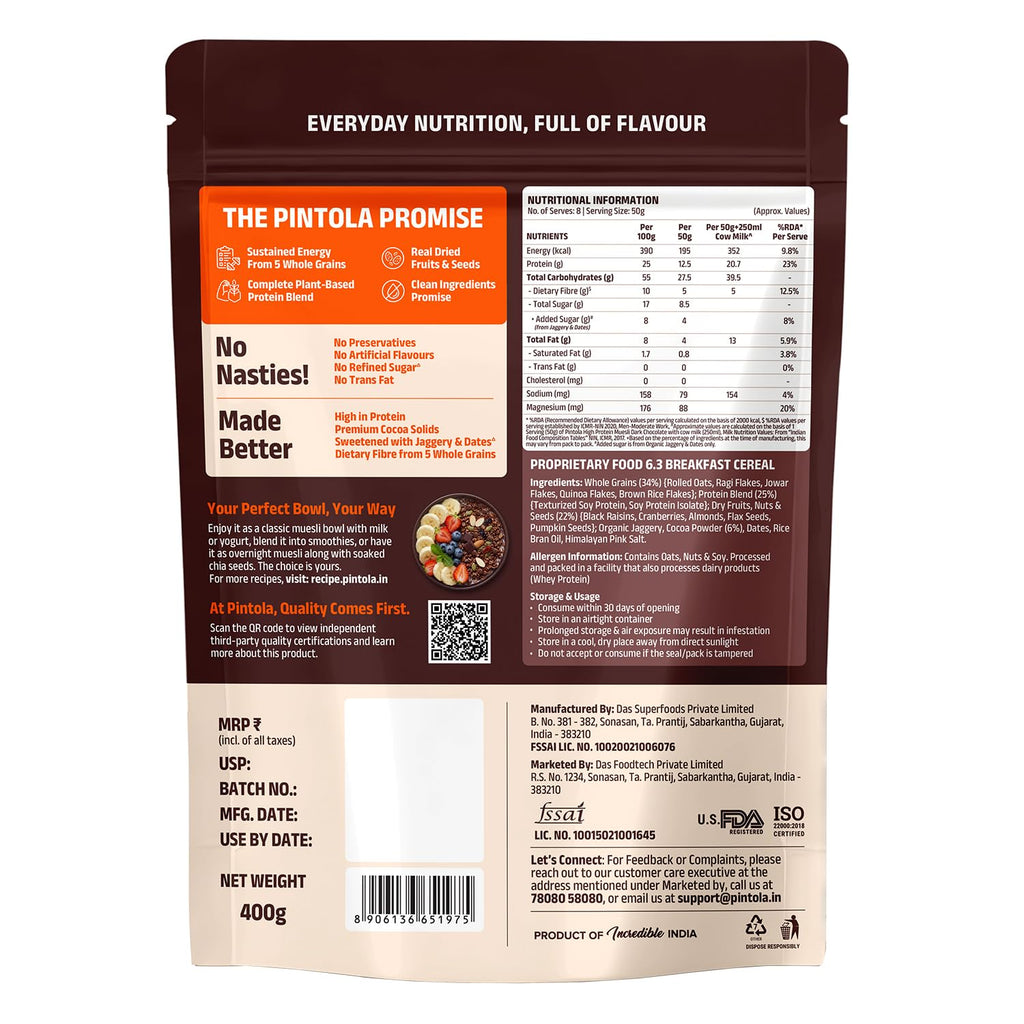 Pintola 25g High Protein Dark Chocolate & Cranberry Muesli 400g, No Refined Sugar, High Fibre, Breakfast Cereal