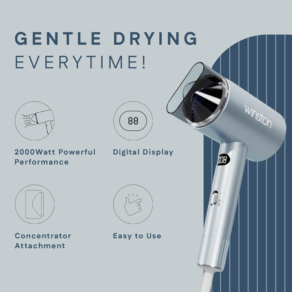 Winston Digital Smart Ionic Hair Dryer 2000 Watts Fast Drying with LED Display, Dual Speed & Heat Settings, All Hair Types, Lightweight