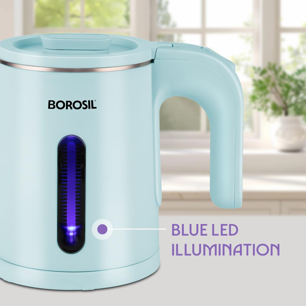 Borosil 800ml Eva Cool Touch Stainless Steel Electric Kettle | Made in India | 360° Rotating Base, Auto Cut-Off, Dry Boil Protection | Boil Water for Tea, Coffee & Soup | 1 Year Warranty