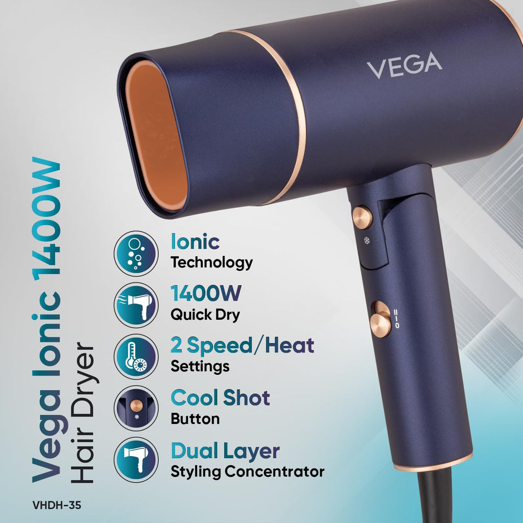 Vega Ionic 1200-1400W Foldable Hair Dryer for Men and Women, Quick & Fast Drying with Ionic Technology & 2 Heat/Speed Settings (Low & High), Cool Shot Button, Detachable Nozzle, Blow Dryer (VHDH-35)