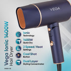 Vega Ionic 1200-1400W Foldable Hair Dryer for Men and Women, Quick & Fast Drying with Ionic Technology & 2 Heat/Speed Settings (Low & High), Cool Shot Button, Detachable Nozzle, Blow Dryer (VHDH-35)