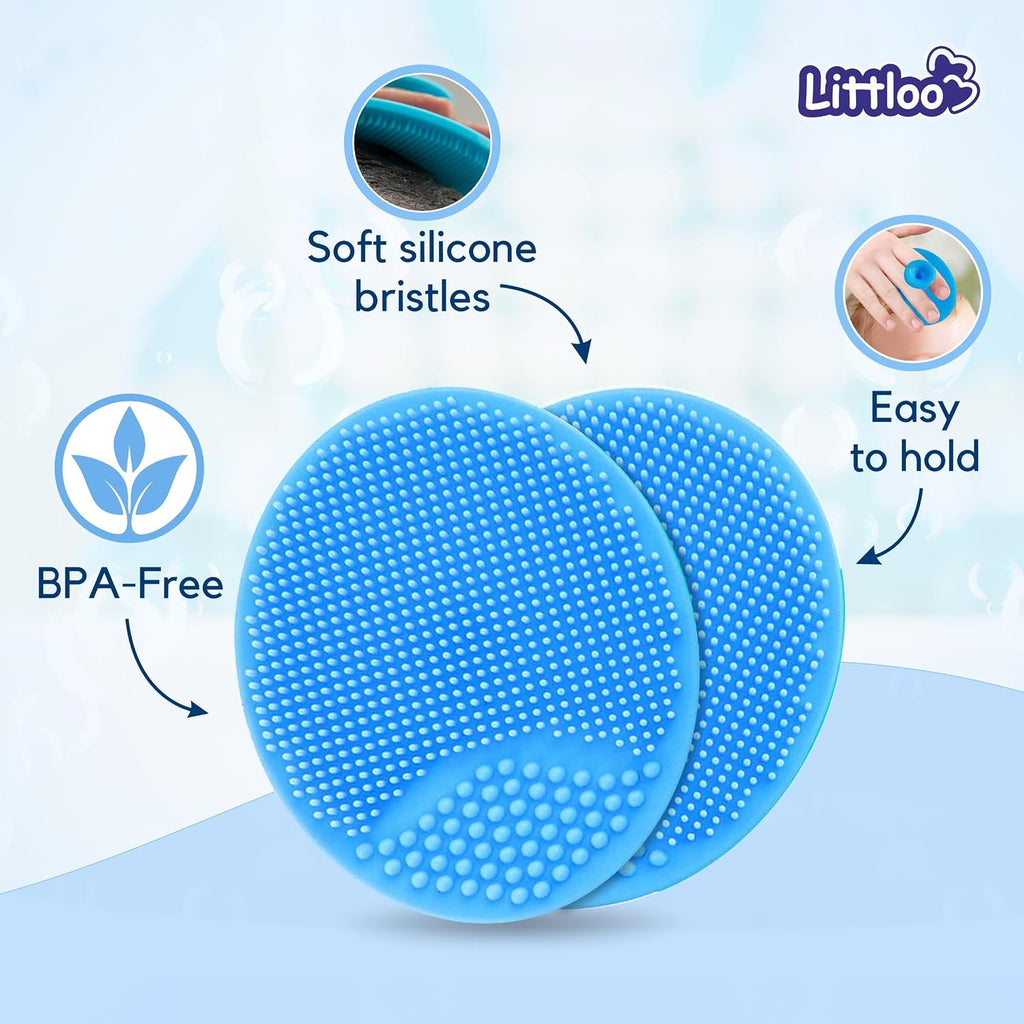 Littloo Gentle Scalp and Skin Soother Brush for Baby Cradle Cap - Soft Silicone Bristles for Safe and Effective Care - Blue (Pack of 2)