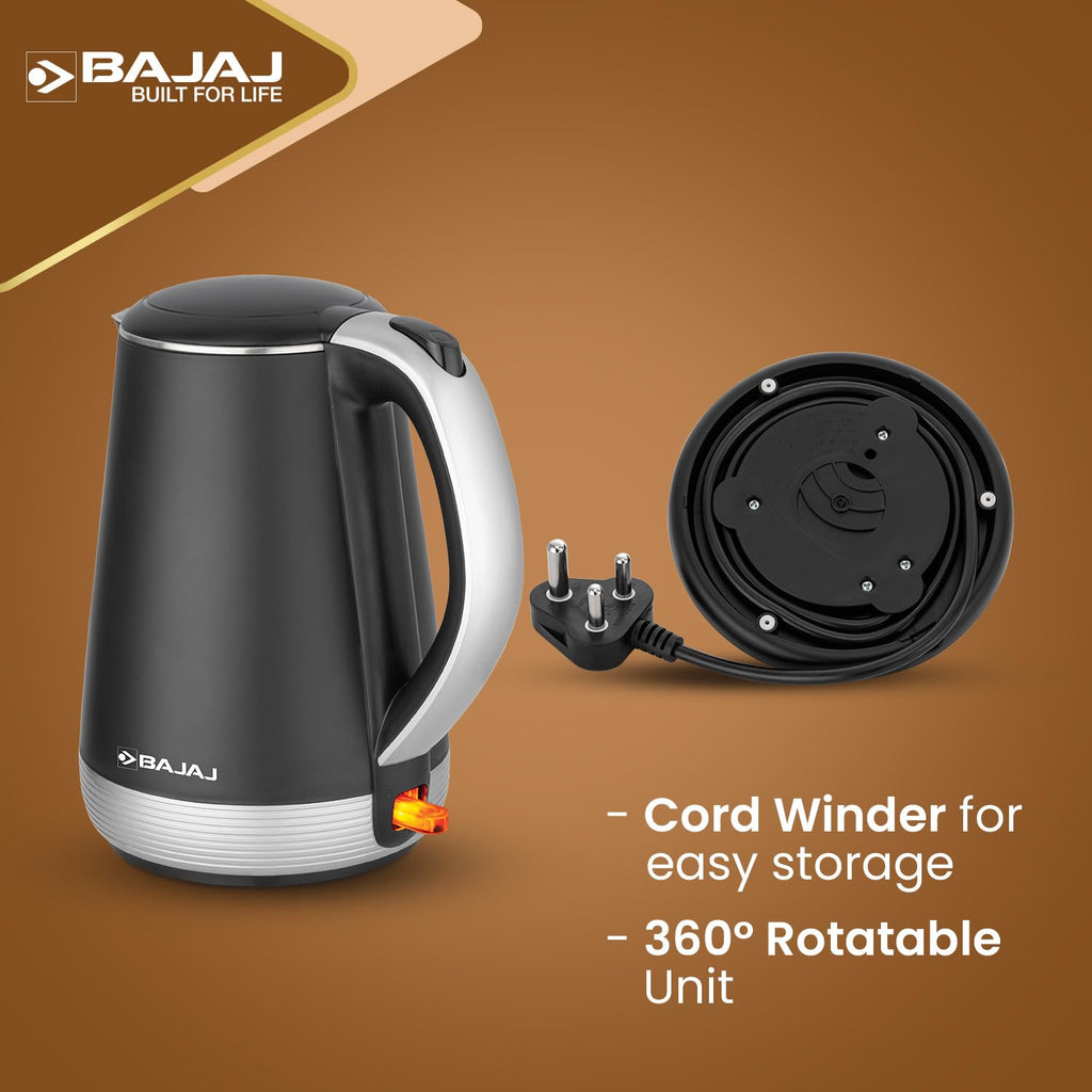 Bajaj Stainless Steel KTP 1.7 Litre Electric Kettle,1600W Double Walled Hot Water Kettle,360° Swivel Base With Cord Storage,On-Off Switch With Indicator,Dry Boil Protection,2 Yr Warranty ?Silver?