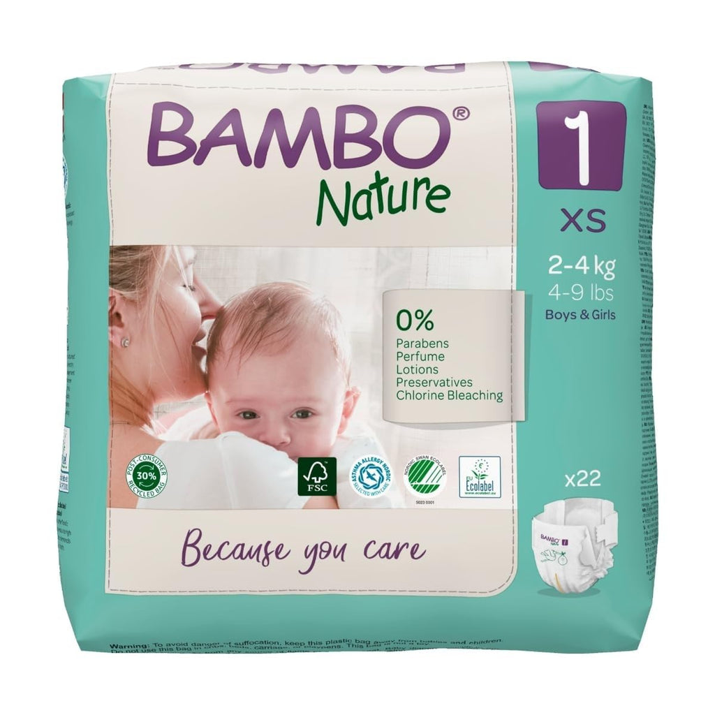 Bambo Nature Premium Baby Tape Diapers for New Born Baby XS Size (2-4 Kgs) - Super Absorbent, Breathable, Extra Soft, Dermatologically Tested, Hypoallergenic Nappies With A Wetness Indicator, 66 Count