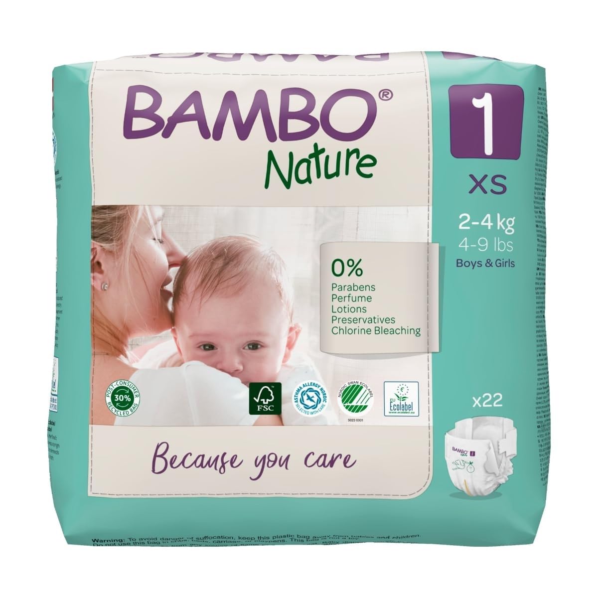 Bambo Nature Premium Baby Tape Diapers for New Born Baby XS Size (2-4 Kgs) - Super Absorbent, Breathable, Extra Soft, Dermatologically Tested, Hypoallergenic Nappies With A Wetness Indicator, 66 Count