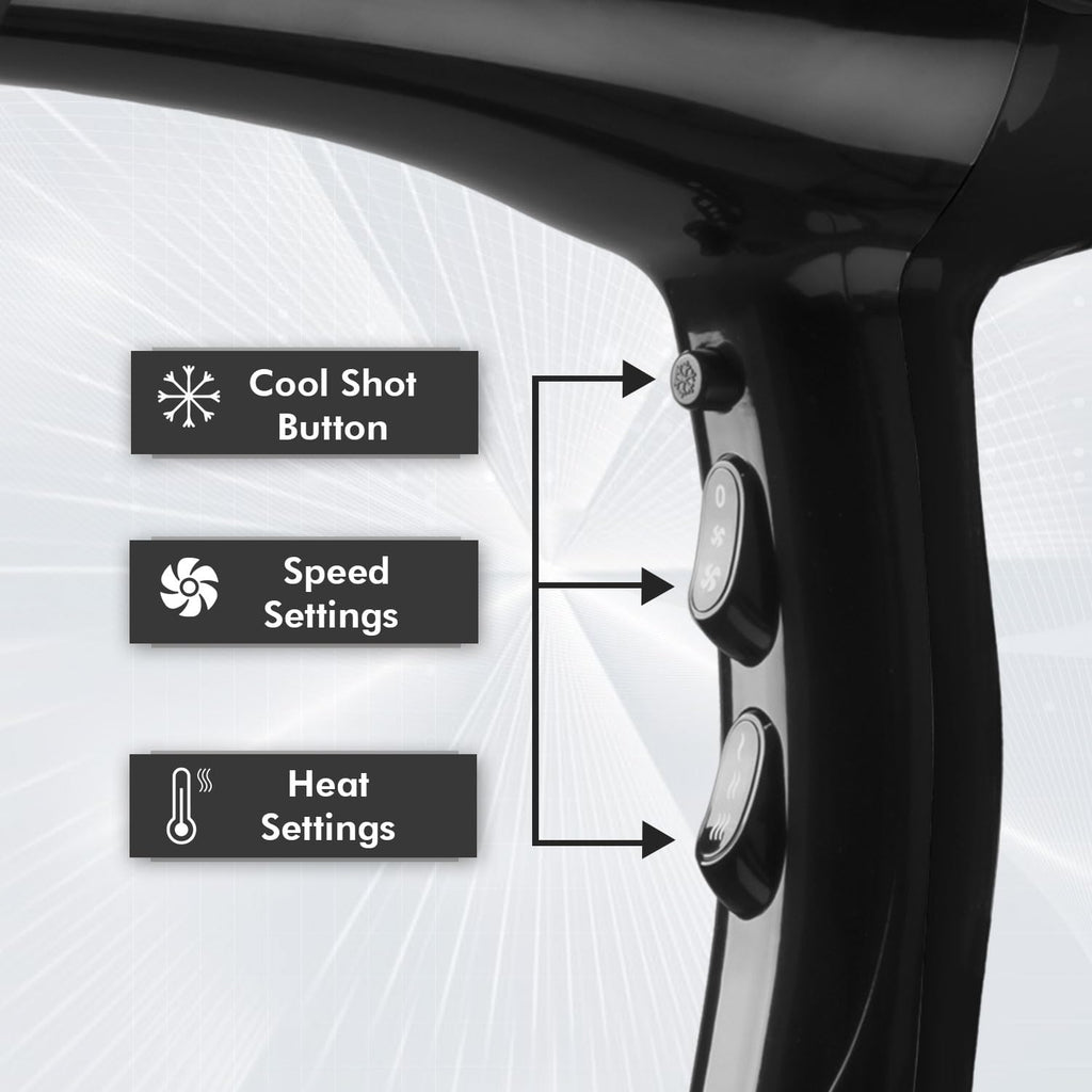 VEGA PROFESSIONAL Pro Dry 2000 Watts Hair Dryer with Diffuser & Nozzle Attachments for Every Day Styling at Home| Cool Shot Button and Combination of 4 Heat & 2 Speed Settings, Black, (VPVHD-13)