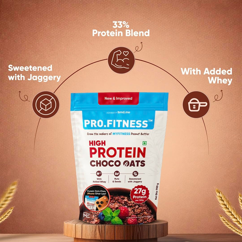 PRO.FITNESS 27g High Protein Oats 900g (By MyFitness) | Dark Chocolate Oats with Almonds, Pumpkin Seeds and Raisins| Chocolate Rolled Oats with Jaggery - No Refined Sugar | Breakfast Cereals