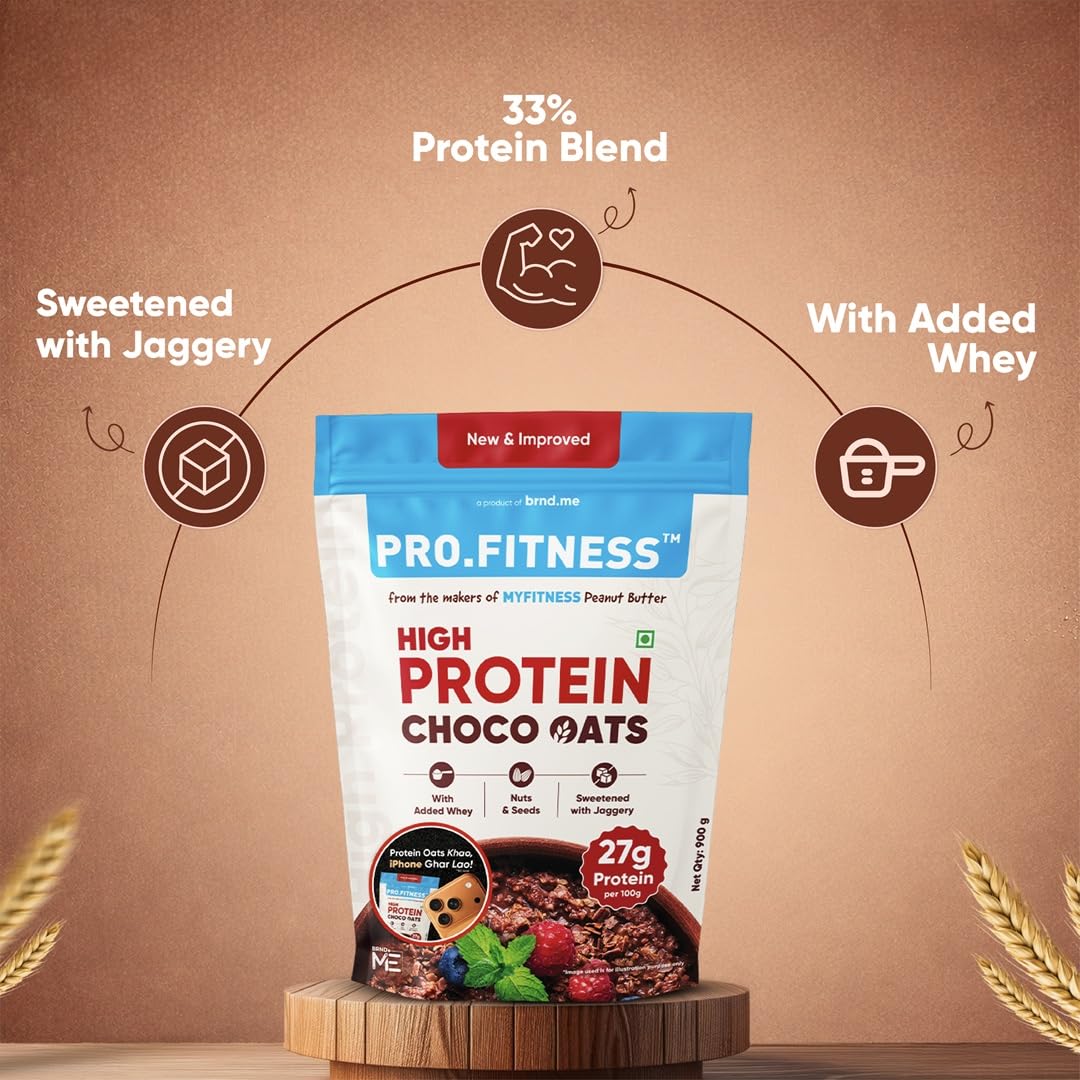 PRO.FITNESS 27g High Protein Oats 900g (By MyFitness) | Dark Chocolate Oats with Almonds, Pumpkin Seeds and Raisins| Chocolate Rolled Oats with Jaggery - No Refined Sugar | Breakfast Cereals