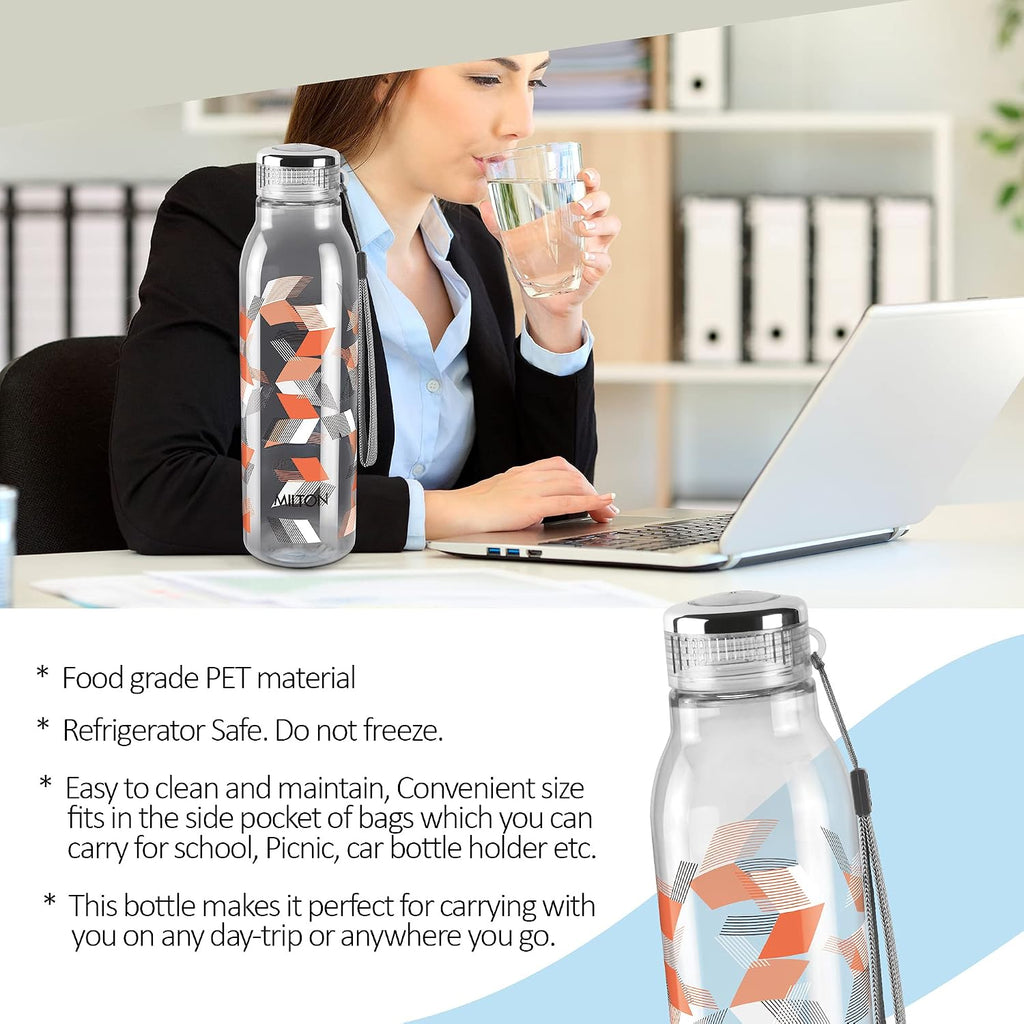 MILTON Helix 1000 Pet Water Bottle, Set of 6, 1 Litre Each, Orange, Reusable Plastic Fridge Bottle, BPA Free and Leak Proof Bottles for Travel, Work