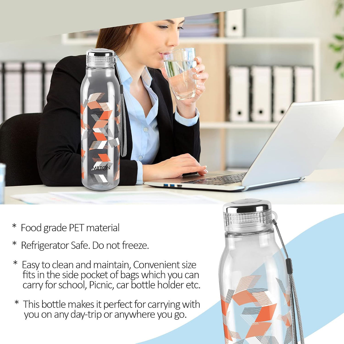 MILTON Helix 1000 Pet Water Bottle, Set of 6, 1 Litre Each, Orange, Reusable Plastic Fridge Bottle, BPA Free and Leak Proof Bottles for Travel, Work