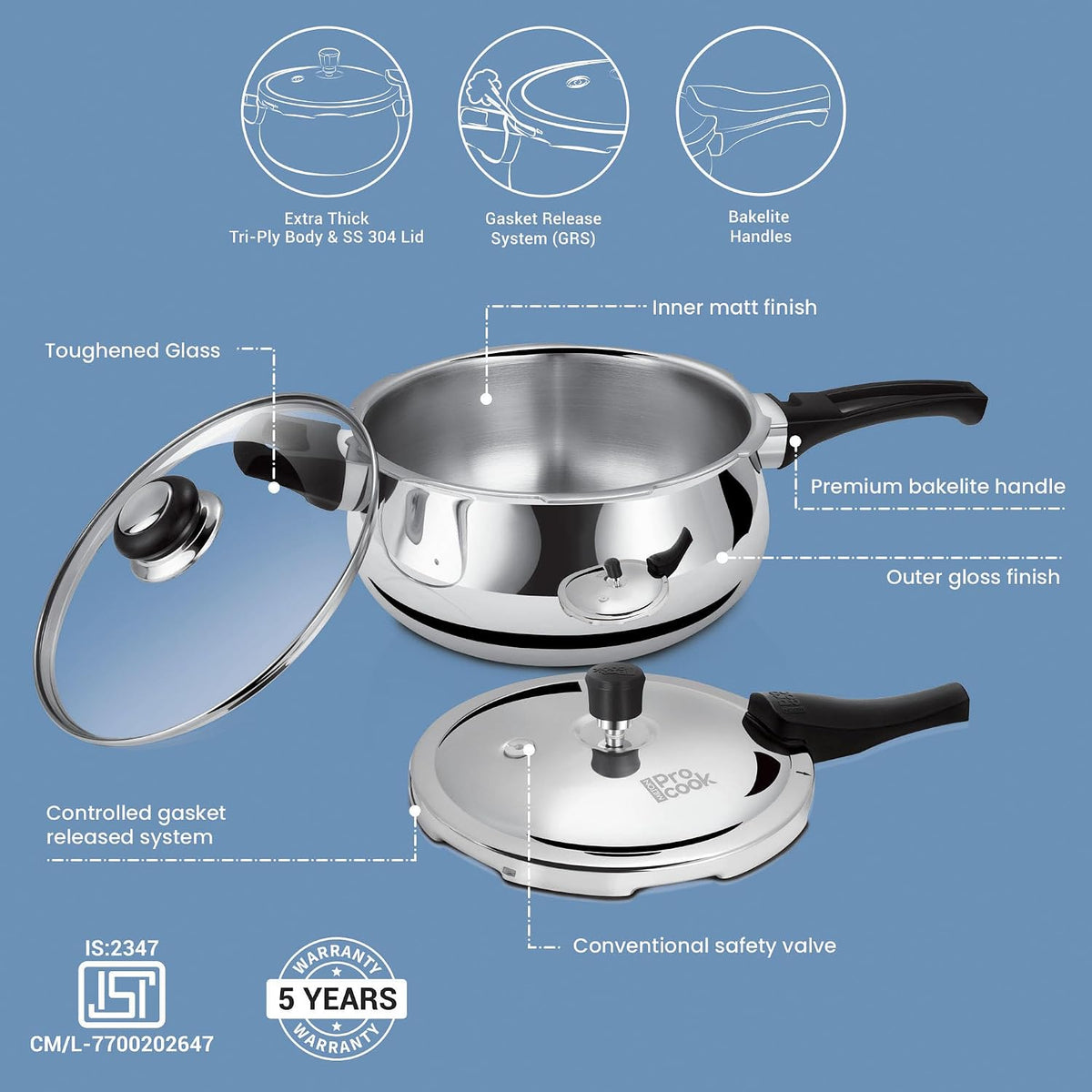 Milton Pro Cook Induction Cookware & Gas Stove Friendly Triply Stainless Steel Curve Pressure Cooker 1.5 Litre With Dual Lid | Outer Lid & Glass Lid | Gasket Release System | 5 Year Warranty | Silver