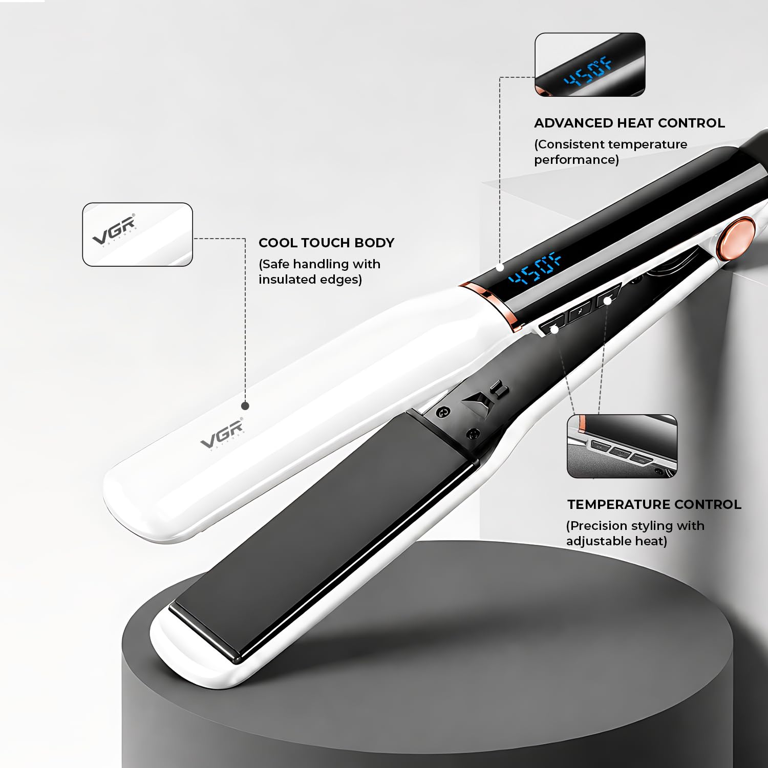 VGR V-519 Professional Hair Straightener - 38mm Ceramic Coating Plates, Max 450°F Heat, LED Display, 7 Temperature Settings, 2.0m Swivel Cord, Ultimate Styling Tool for Women & Salon Use (White)