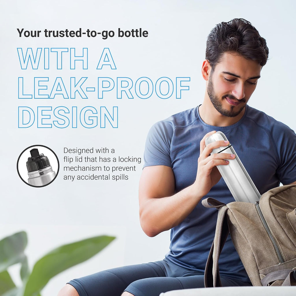 Milton Flip Lid 1000 Thermosteel Water Bottle 1 LTR, 24 Hr Hot and Cold I Leak Proof Lid, ISI Certified I Vacuum Insulated I for Office, Gym, School I Silver
