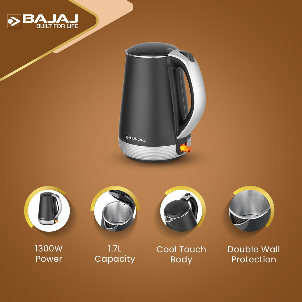 Bajaj Stainless Steel KTP 1.7 Litre Electric Kettle,1600W Double Walled Hot Water Kettle,360° Swivel Base With Cord Storage,On-Off Switch With Indicator,Dry Boil Protection,2 Yr Warranty ?Silver?