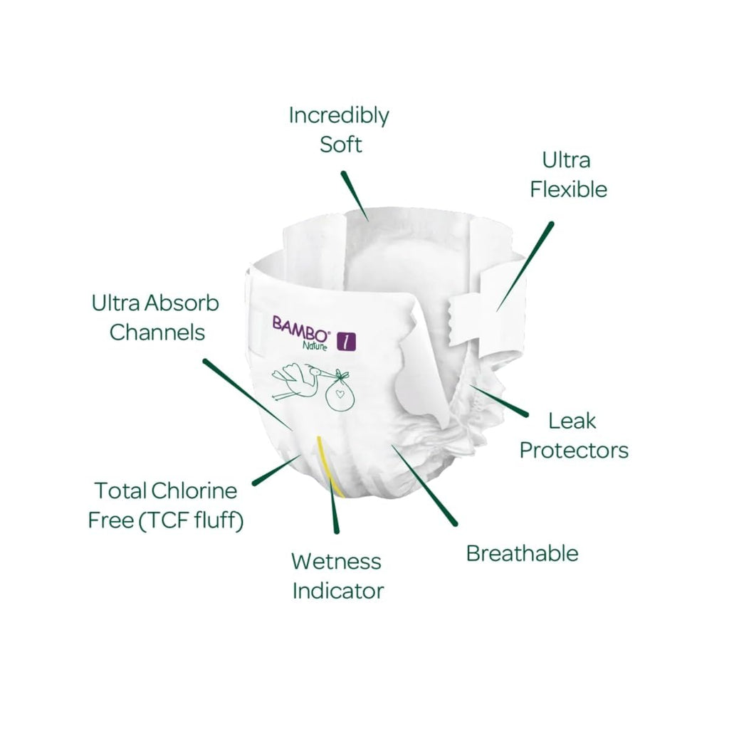 Bambo Nature Premium Baby Tape Diapers for New Born Baby XS Size (2-4 Kgs) - Super Absorbent, Breathable, Extra Soft, Dermatologically Tested, Hypoallergenic Nappies With A Wetness Indicator, 66 Count