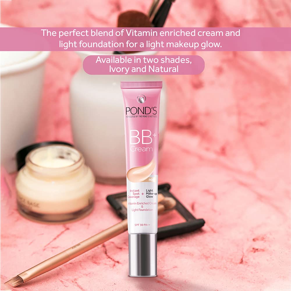 POND'S Bb+ Cream For All Skin Types,Ivory Lightweight Natural Foundation,18G,Pack Of 3