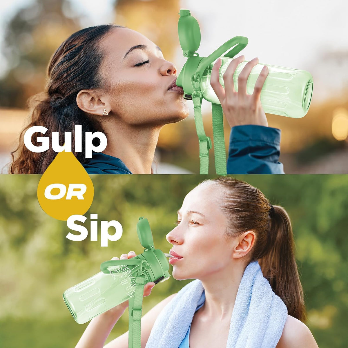 MILTON Regan 850 2-in-1 Lid Sip or Gulp Water Bottle | Sturdy Handle And Strap I BPA Free| Food-Grade | One-Touch Open | Leak-Proof | Ideal for Office, School, College, Gym | 836ml, Green