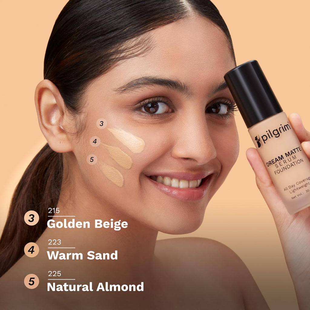 Pilgrim Medium Golden Beige Serum Liquid Foundation, Matte & Poreless,30 ml