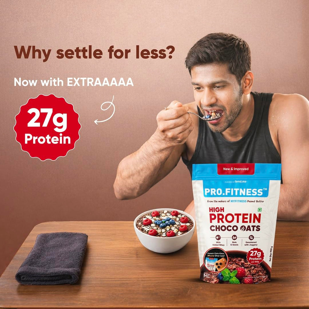 PRO.FITNESS 27g High Protein Oats 900g (By MyFitness) | Dark Chocolate Oats with Almonds, Pumpkin Seeds and Raisins| Chocolate Rolled Oats with Jaggery - No Refined Sugar | Breakfast Cereals