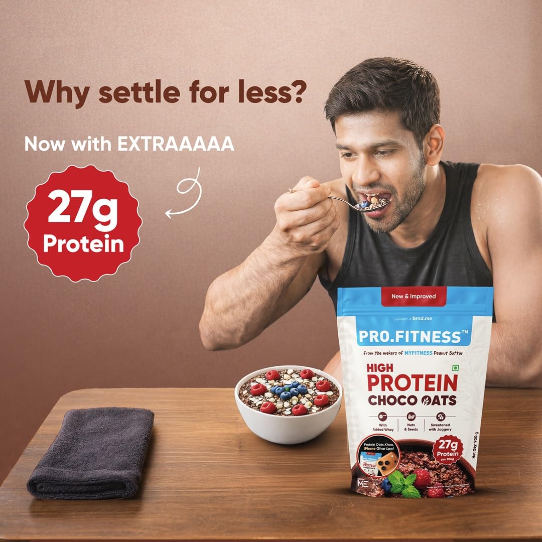PRO.FITNESS 27g High Protein Oats 900g (By MyFitness) | Dark Chocolate Oats with Almonds, Pumpkin Seeds and Raisins| Chocolate Rolled Oats with Jaggery - No Refined Sugar | Breakfast Cereals