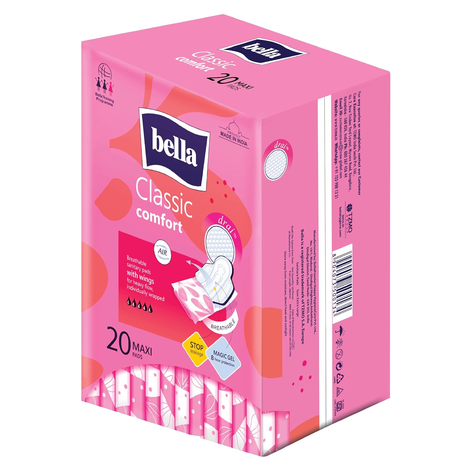 Bella Classic Comfort Maxi Drai Sanitary Pads XL - 20pcs | Maximum Dryness | 28 Cm Long With Wings | Rash Free Period | Suitable For Heavy Flow | Disposable Wrap | Lock Gel & Odor stop