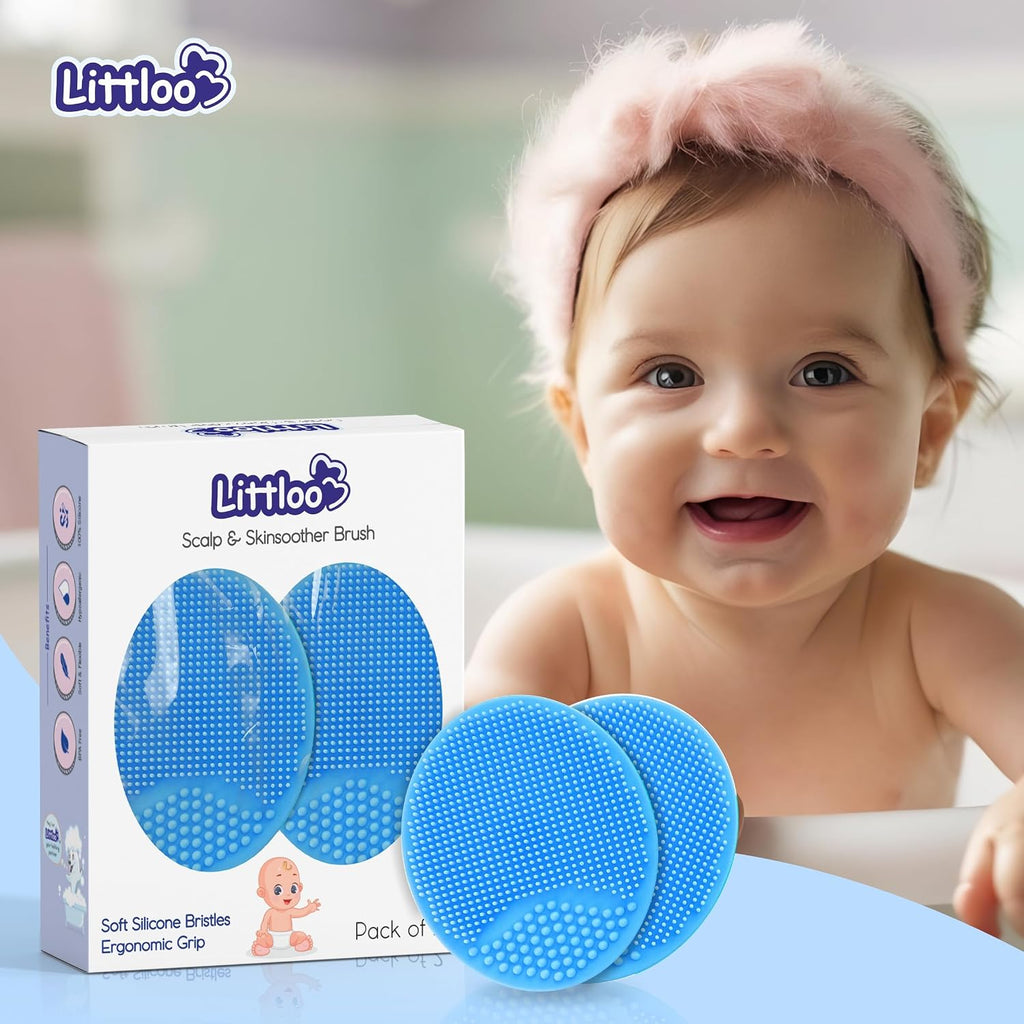 Littloo Gentle Scalp and Skin Soother Brush for Baby Cradle Cap - Soft Silicone Bristles for Safe and Effective Care - Blue (Pack of 2)