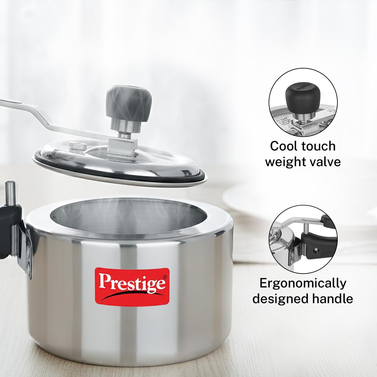 Prestige 1.5Litre Aluminium Nakshatra Svachh Innerlid Pressure Cooker|Deep lid for spillage control|Virgin Aluminium|Gas Compatible|Metallic Safety Plug|Sturdy Handles|5 Years warranty|ISI Certified