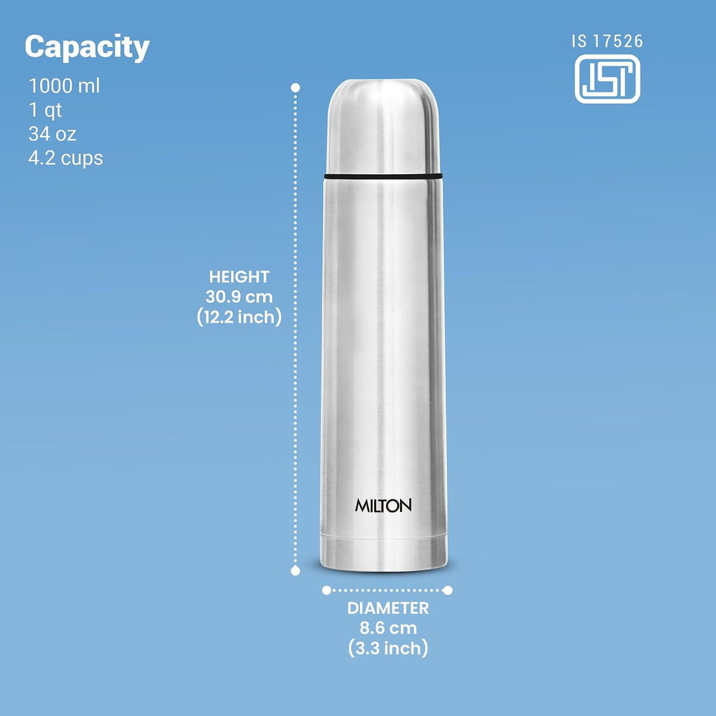 Milton Flip Lid 1000 Thermosteel Water Bottle 1 LTR, 24 Hr Hot and Cold I Leak Proof Lid, ISI Certified I Vacuum Insulated I for Office, Gym, School I Silver