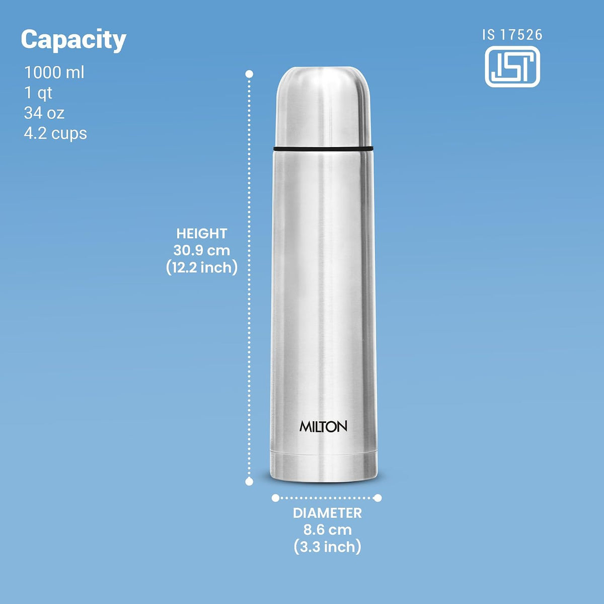 Milton Flip Lid 1000 Thermosteel Water Bottle 1 LTR, 24 Hr Hot and Cold I Leak Proof Lid, ISI Certified I Vacuum Insulated I for Office, Gym, School I Silver