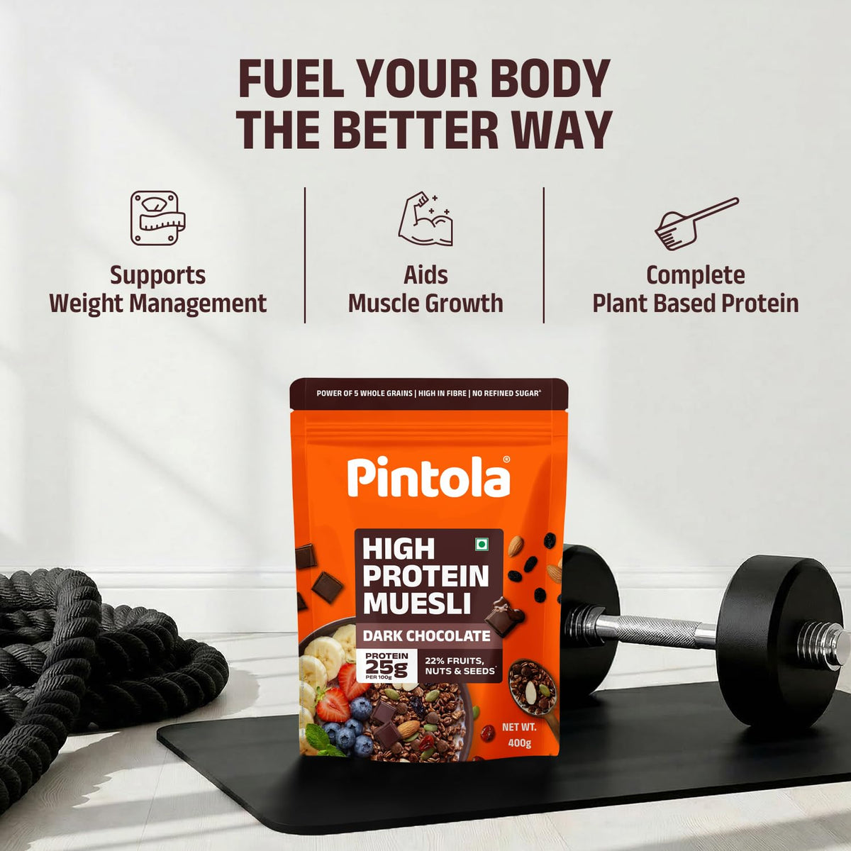 Pintola 25g High Protein Dark Chocolate & Cranberry Muesli 400g, No Refined Sugar, High Fibre, Breakfast Cereal