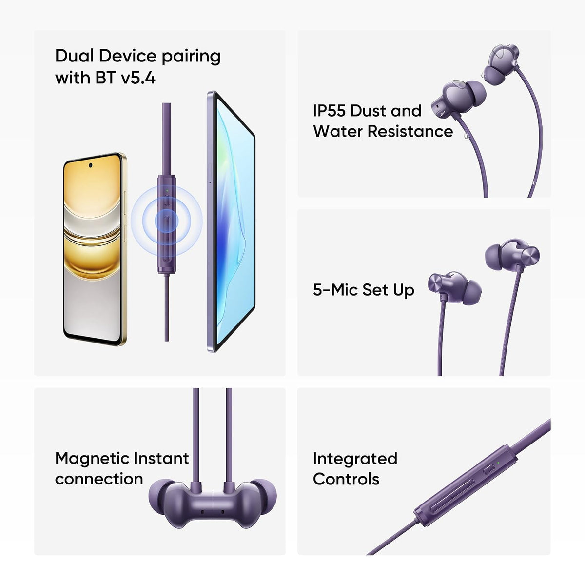 realme Buds Wireless 5 ANC in Ear Bluetooth Headphones,50dB ANC, 13.6mm Dynamic Bass Driver,360? Spatial Audio,45ms Low Latency,Upto 38hrs Playback,IP55 Rating,Dual Device Connection(Twilight Purple)