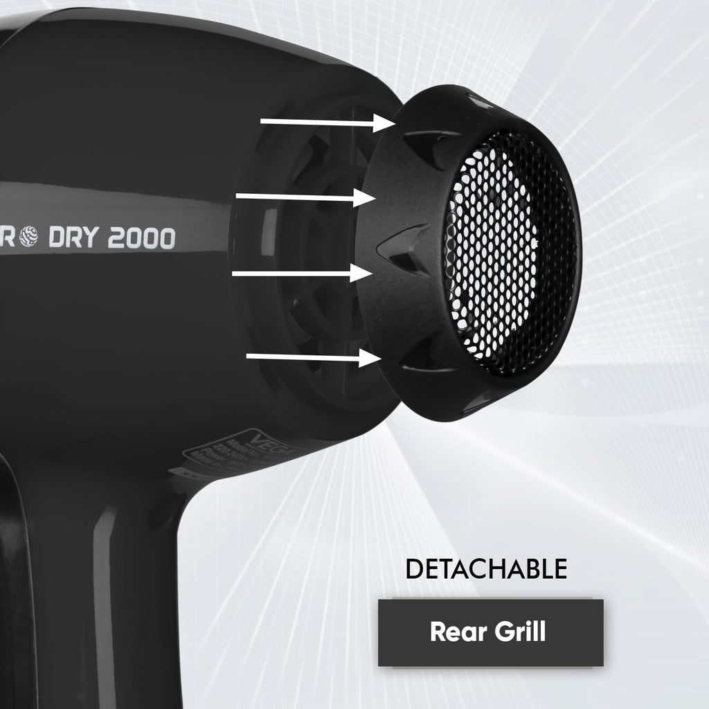 VEGA PROFESSIONAL Pro Dry 2000 Watts Hair Dryer with Diffuser & Nozzle Attachments for Every Day Styling at Home| Cool Shot Button and Combination of 4 Heat & 2 Speed Settings, Black, (VPVHD-13)