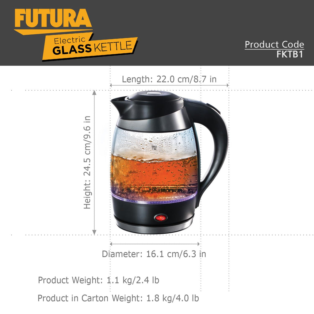 Hawkins Futura 1.8 Litre Electric Glass Kettle, 1300W Electric Hot Water Kettle for Tea, Coffee, Soup, Gargling, Black (FKTB1