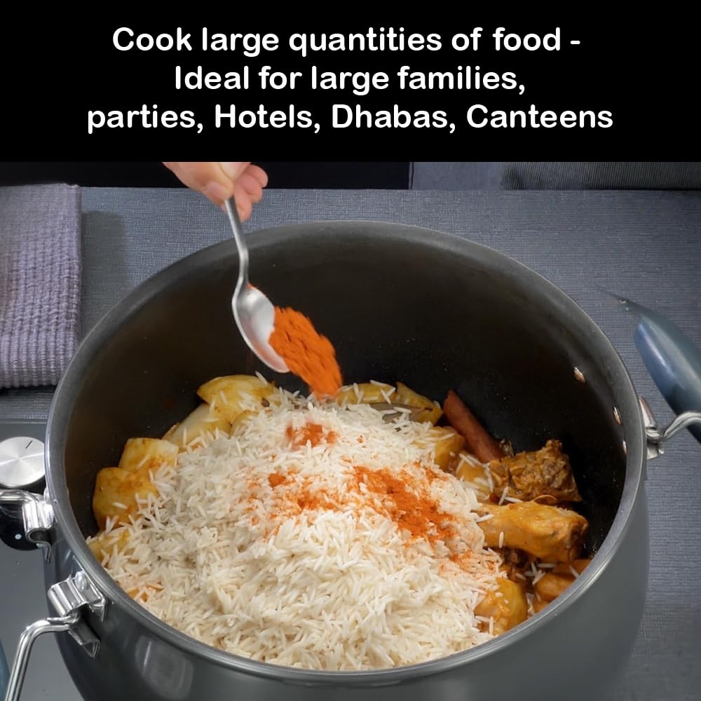 Hawkins Futura 8 Litre BigBoy Biryani Handi, Nonstick Pot with Hard Anodised Lid, Sauce Pan for Cooking and Serving Biriyani, Black (NBH8)