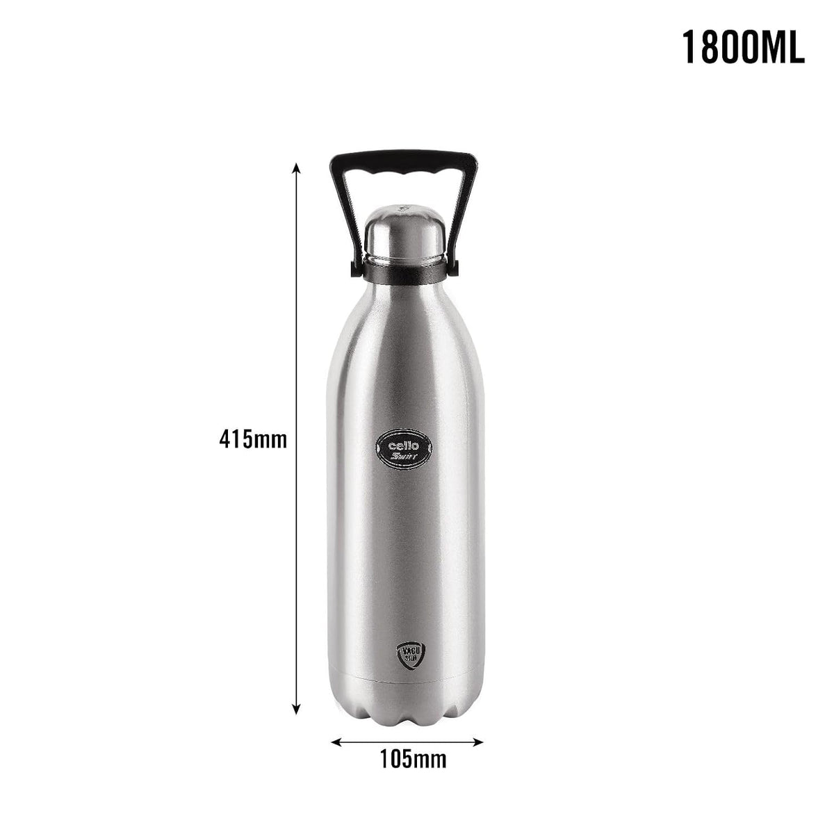 CELLO Swift Stainless Steel Hot and Cold Water Bottle 1800 ml Silver | ISI Certified Spillproof Leakproof Screw Lid Double Wall Vacuum Insulated Thermos Flask Water Bottle for Home Office Gym Travel