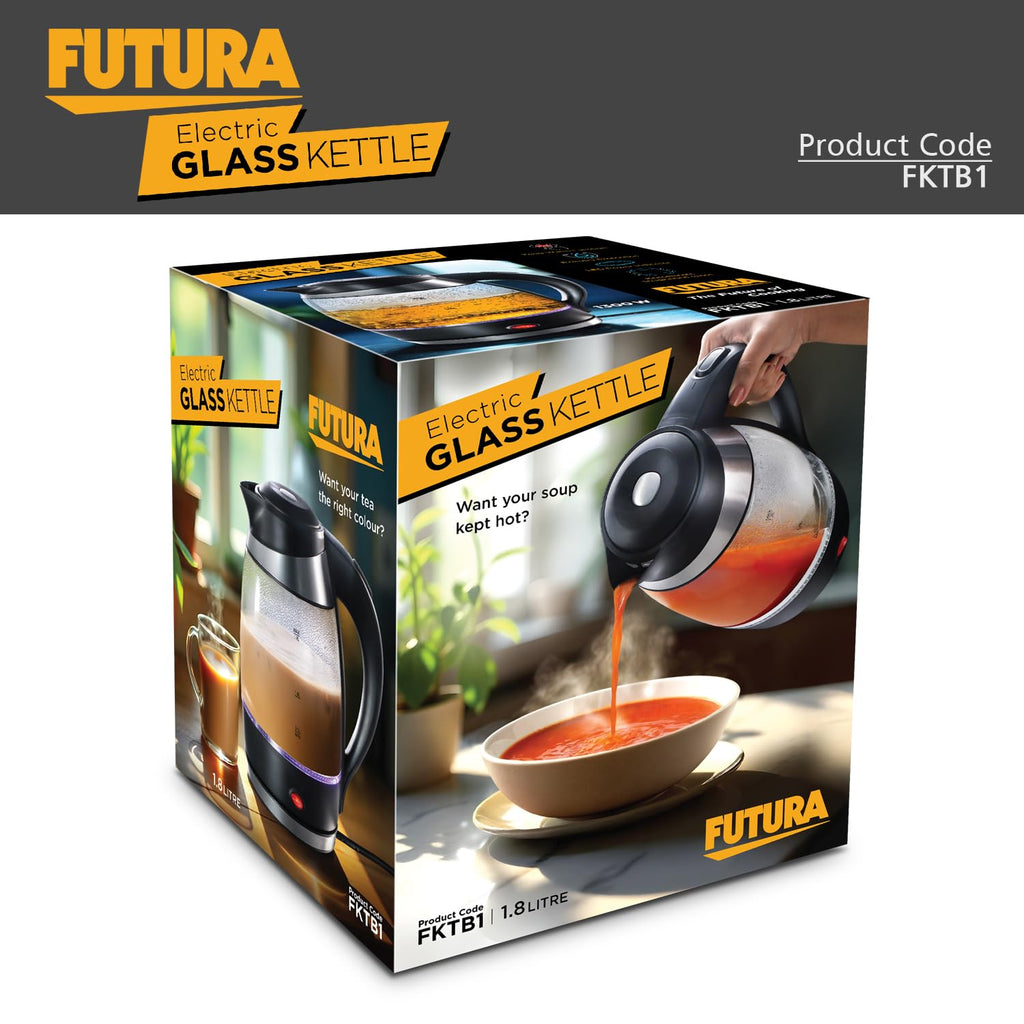 Hawkins Futura 1.8 Litre Electric Glass Kettle, 1300W Electric Hot Water Kettle for Tea, Coffee, Soup, Gargling, Black (FKTB1