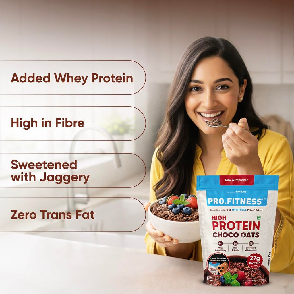 PRO.FITNESS 27g High Protein Oats 900g (By MyFitness) | Dark Chocolate Oats with Almonds, Pumpkin Seeds and Raisins| Chocolate Rolled Oats with Jaggery - No Refined Sugar | Breakfast Cereals