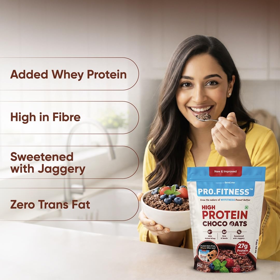 PRO.FITNESS 27g High Protein Oats 900g (By MyFitness) | Dark Chocolate Oats with Almonds, Pumpkin Seeds and Raisins| Chocolate Rolled Oats with Jaggery - No Refined Sugar | Breakfast Cereals