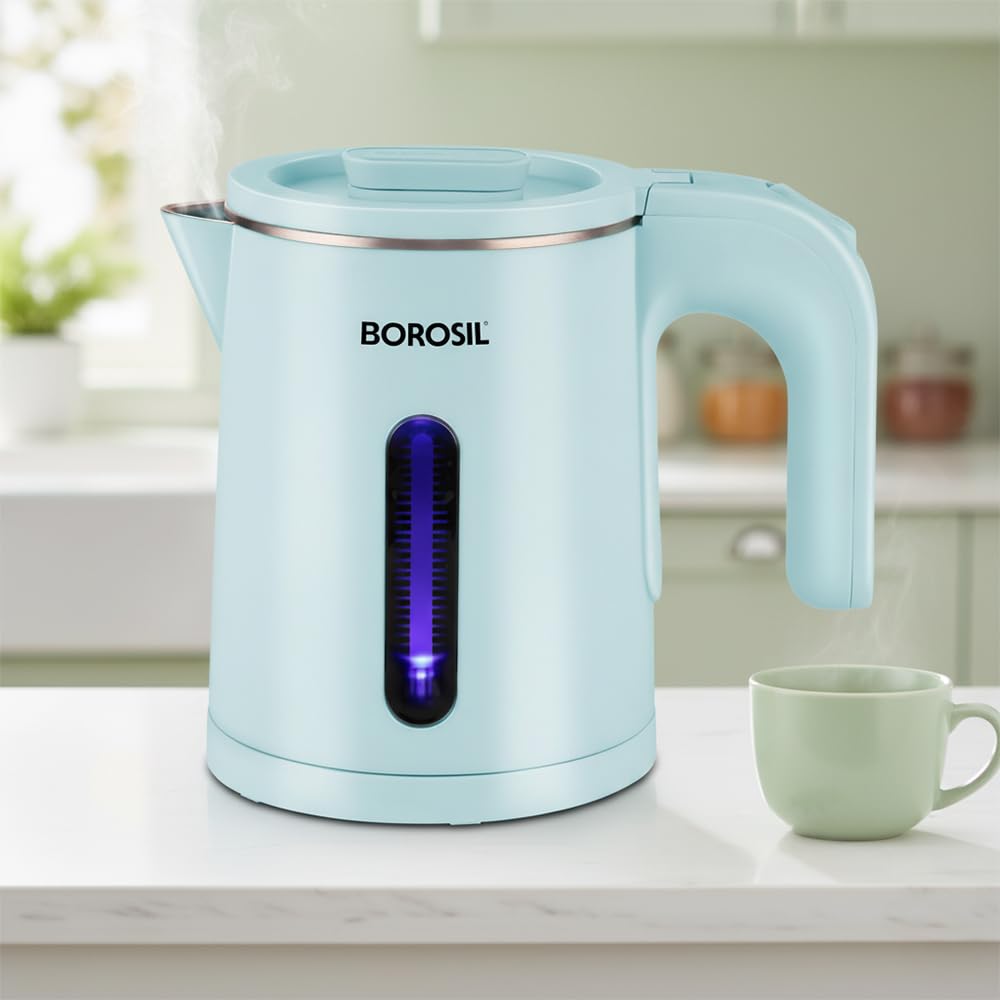 Borosil 800ml Eva Cool Touch Stainless Steel Electric Kettle | Made in India | 360° Rotating Base, Auto Cut-Off, Dry Boil Protection | Boil Water for Tea, Coffee & Soup | 1 Year Warranty