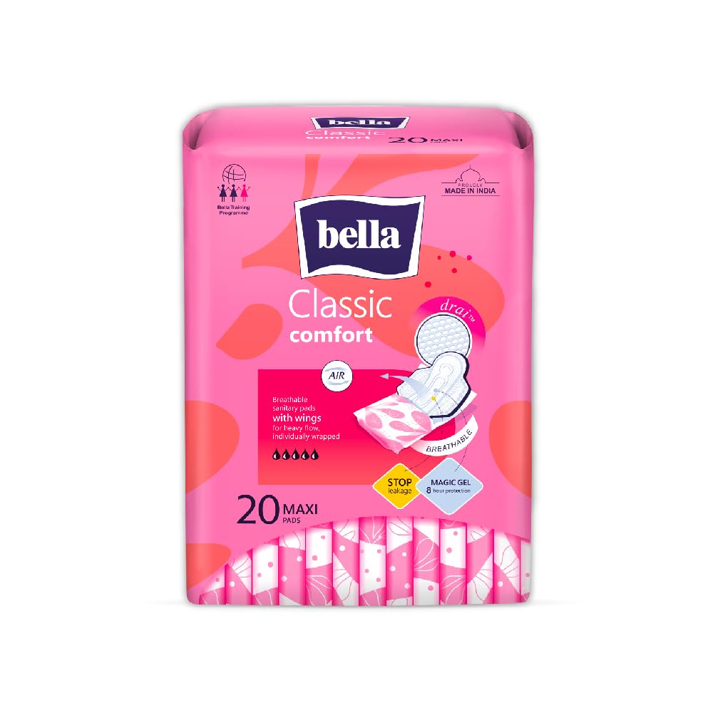 Bella Classic Comfort Maxi Drai Sanitary Pads XL - 20pcs | Maximum Dryness | 28 Cm Long With Wings | Rash Free Period | Suitable For Heavy Flow | Disposable Wrap | Lock Gel & Odor stop