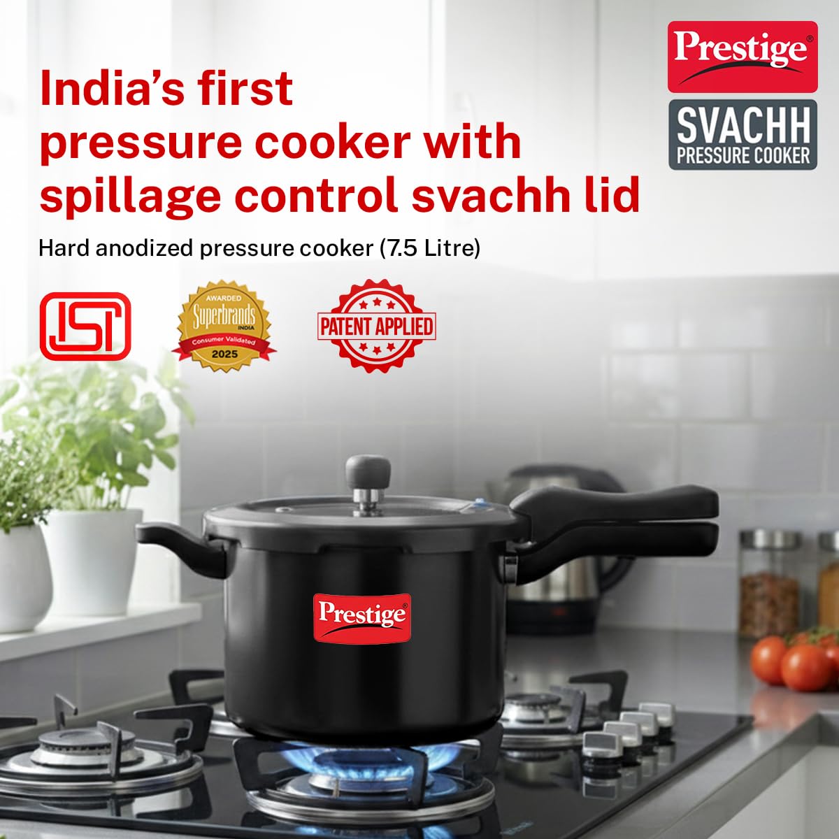 Prestige Svachh Hard Anodised Aluminium Outer Lid Pressure Cooker, 7.5 Litre, Black, 7.5 Liter