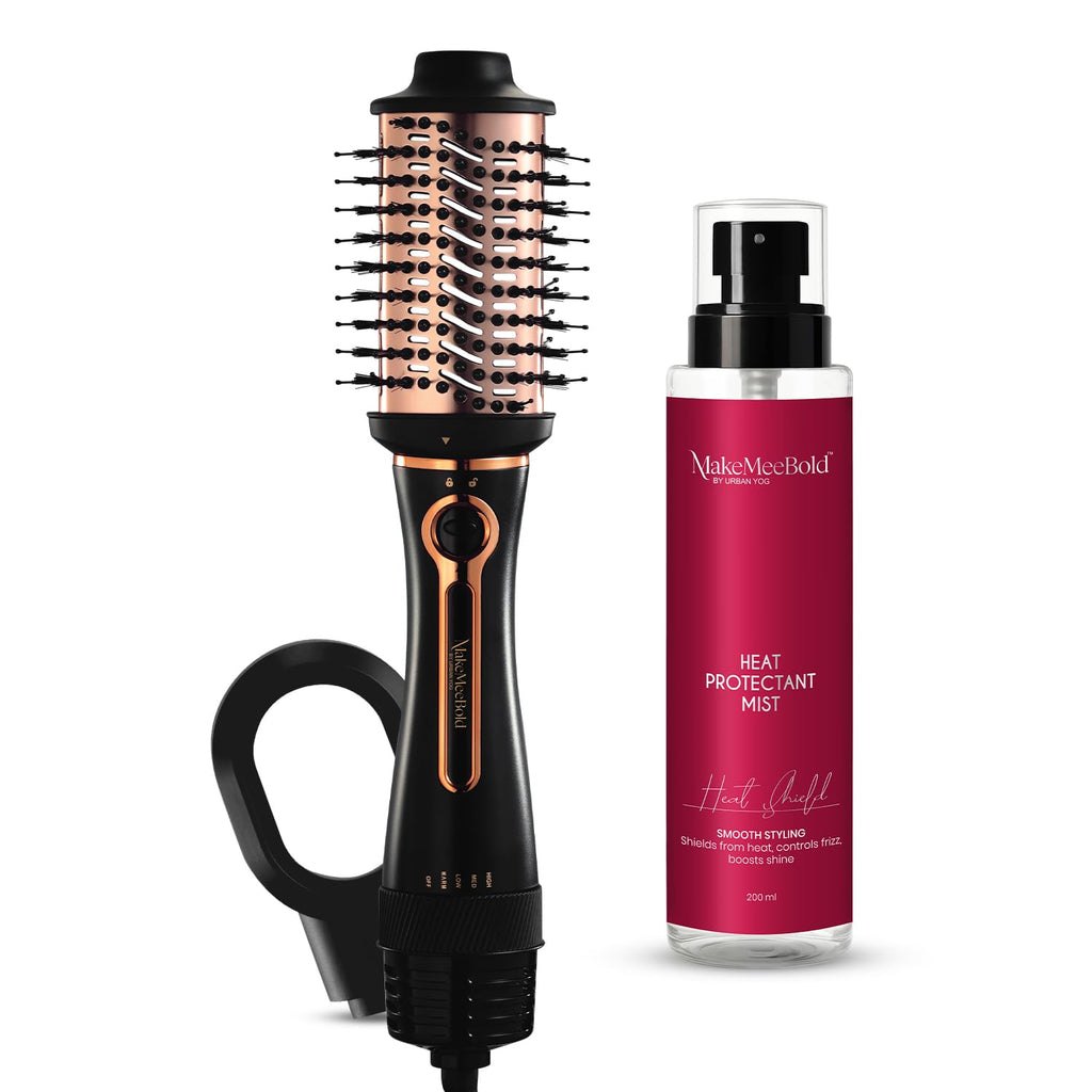 Urban Yog MakeMeeBold 3-in-1 Hot Air Brush + Heat Protectant Spray (200ml) | Salon-Style Blow Dry, Straightening & Volume Combo | Frizz-Free, Damage-Safe Styling