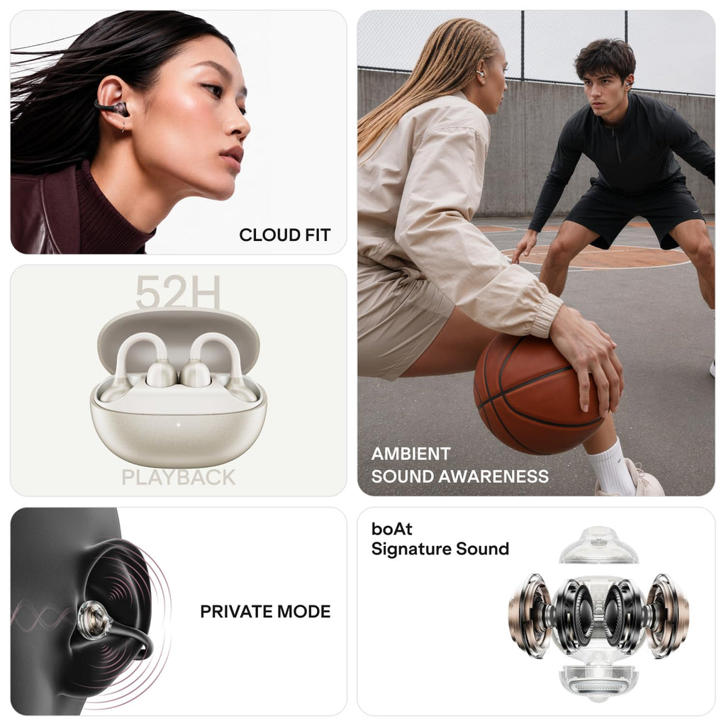 boAt 2026 Launch Airdopes ProClip, Air Conduction Tech,Feather-Light Earbuds, Clip-On Design,All Day Wear Comfort,52H Battery,12mm Dynamic Drivers,App Support,BT v6.0,OWS Earbuds with mic(Silk Grey)