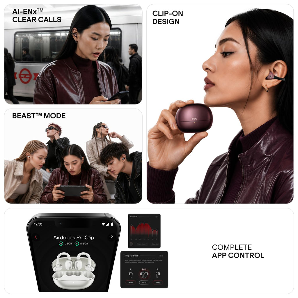 boAt 2026 Launch Airdopes ProClip, Air Conduction Tech,Feather-Light Earbuds, Clip-On Design,All Day Wear Comfort,52H Battery,12mm Dynamic Drivers,App Support,BT v6.0,OWS Earbuds with mic(Silk Grey)